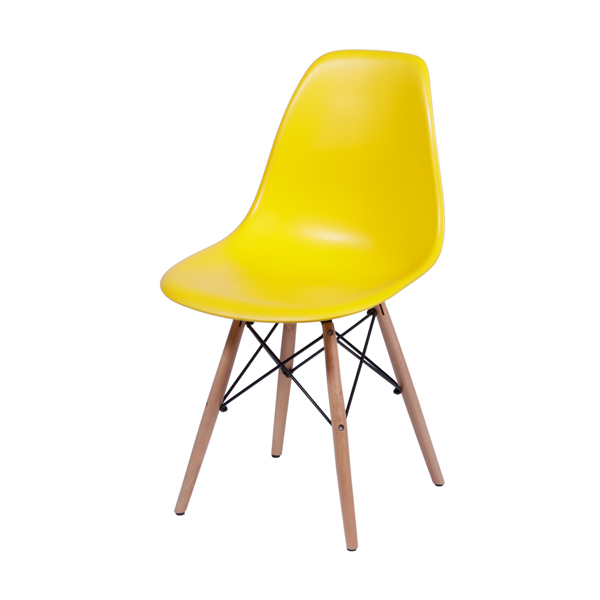 Cadeira Charles Eames conha em polipropileno amarela com base de madeira